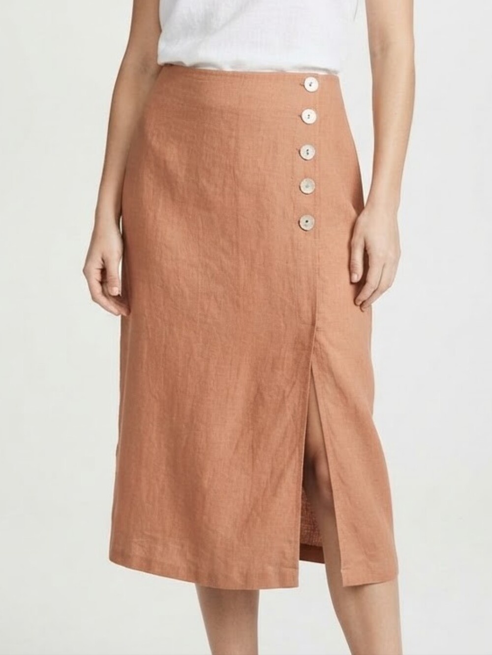 Boho linen blend pecan brown midi button detail skirt nwt XL